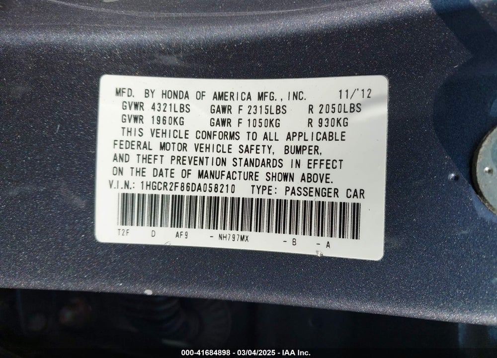2013 HONDA ACCORD VIN: 1HGCR2F86DA058210