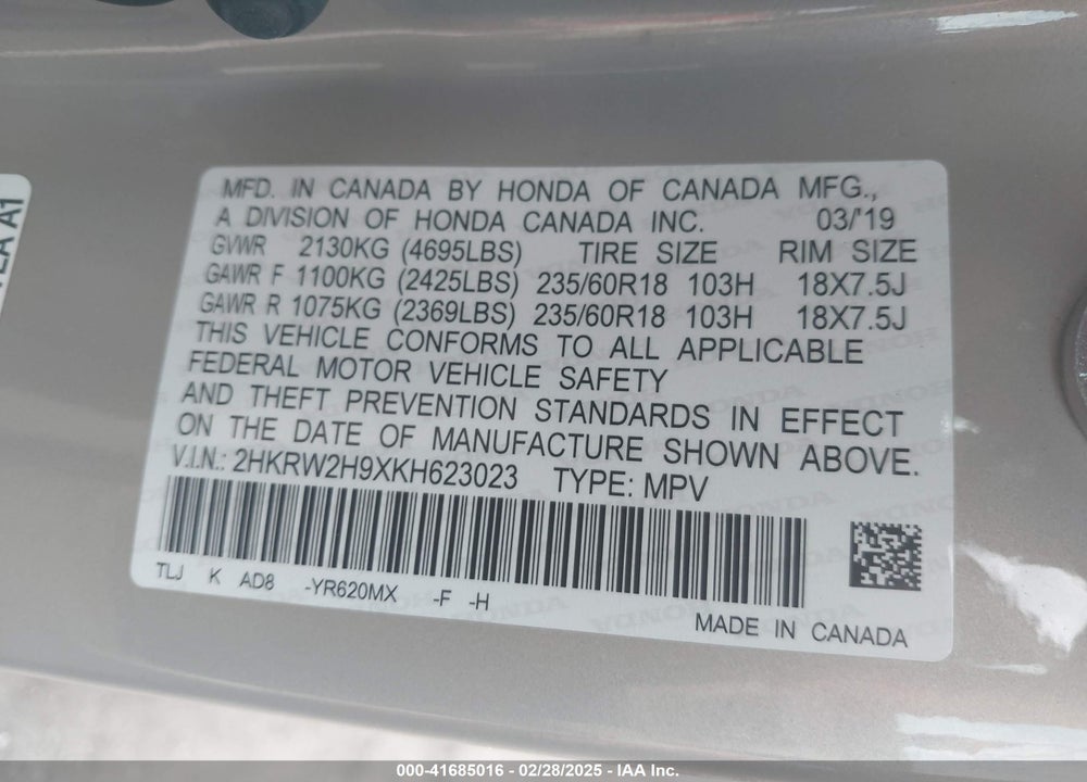 2019 HONDA CR-V TOURING VIN: 2HKRW2H9XKH623023