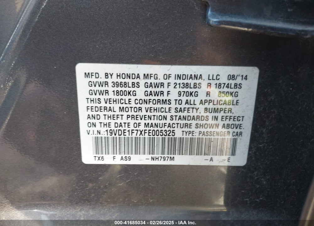 2015 ACURA ILX VIN: 19VDE1F7XFE005325