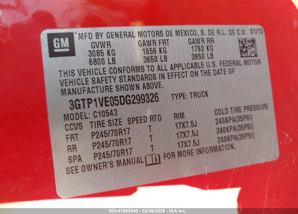 2013 GMC SIERRA 1500 VIN: 3GTP1VE05DG299326