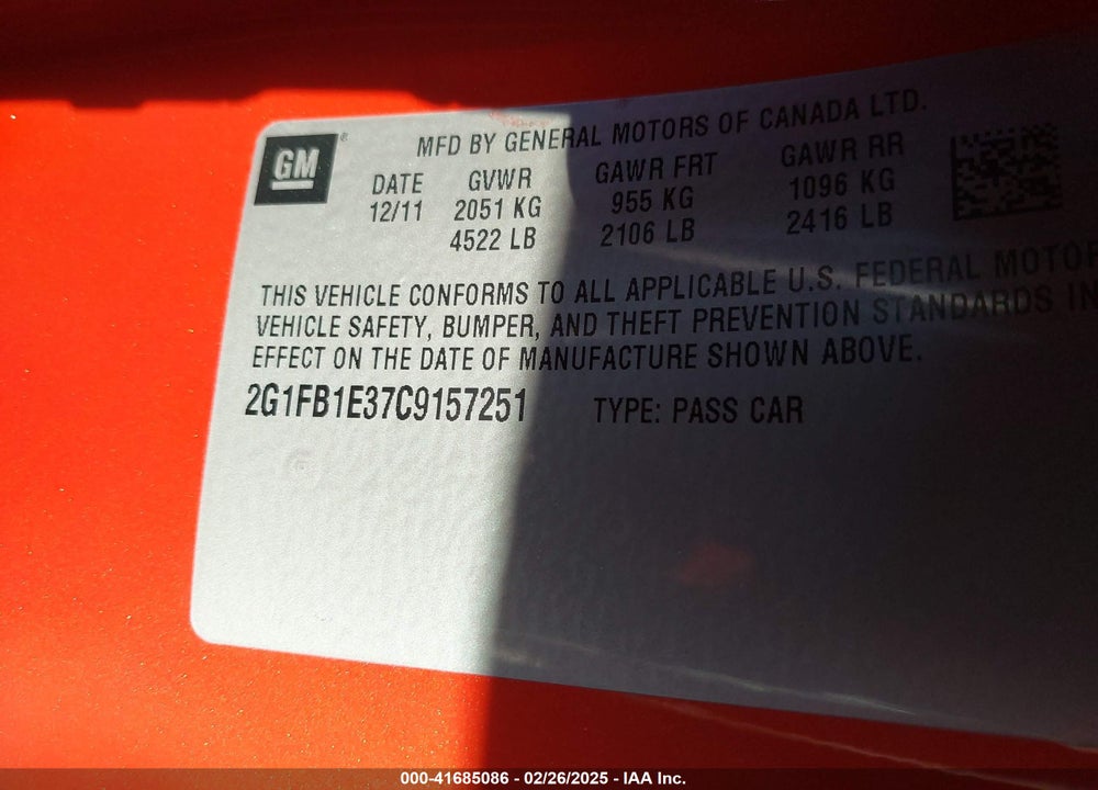 2012 CHEVROLET CAMARO 1LT VIN: 2G1FB1E37C9157251