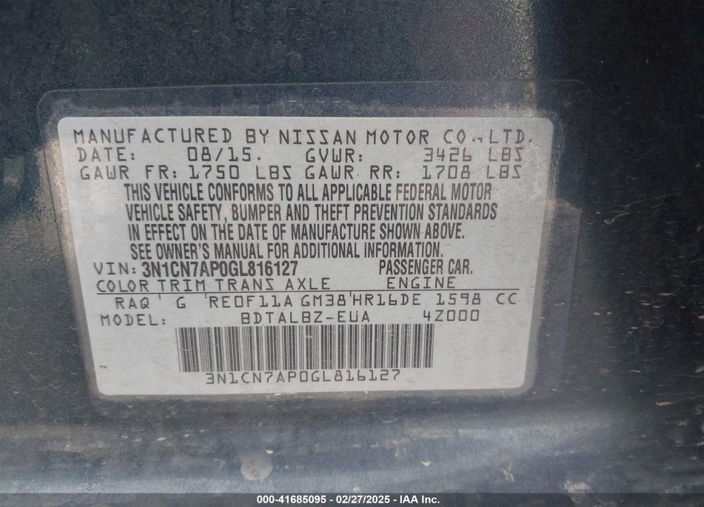 2016 NISSAN VERSA VIN: 3N1CN7AP0GL816127