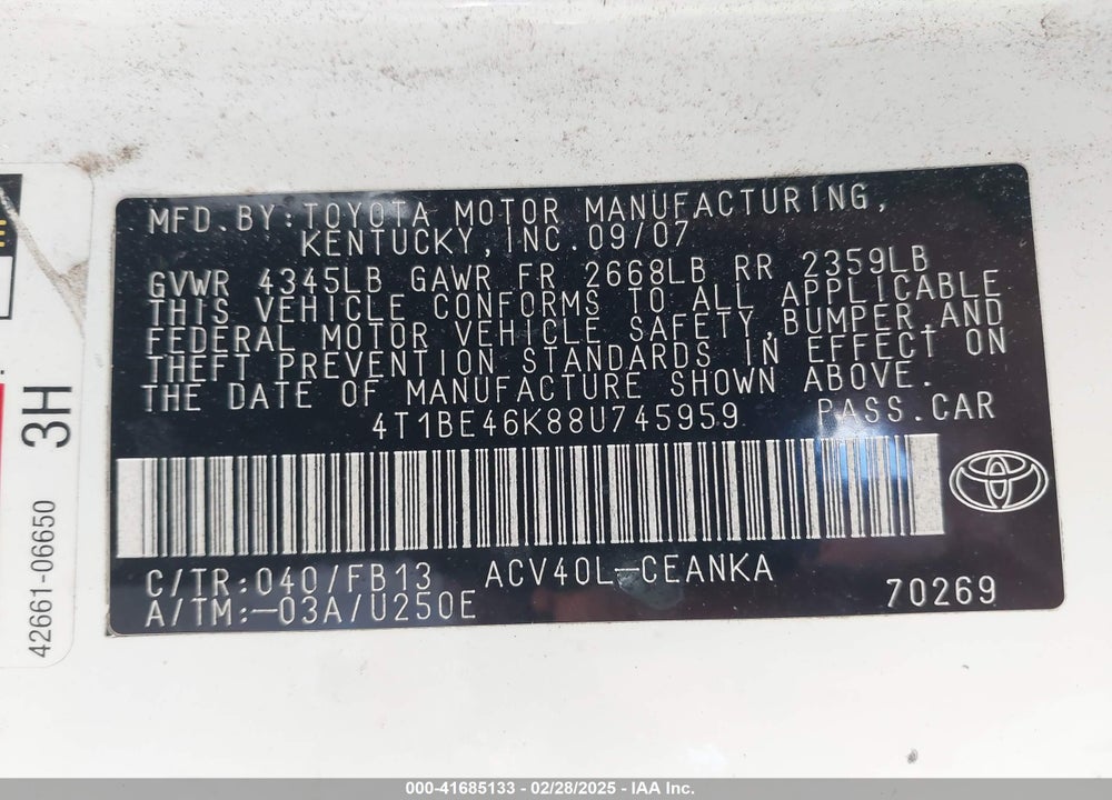 2008 TOYOTA CAMRY LE VIN: 4T1BE46K88U745959