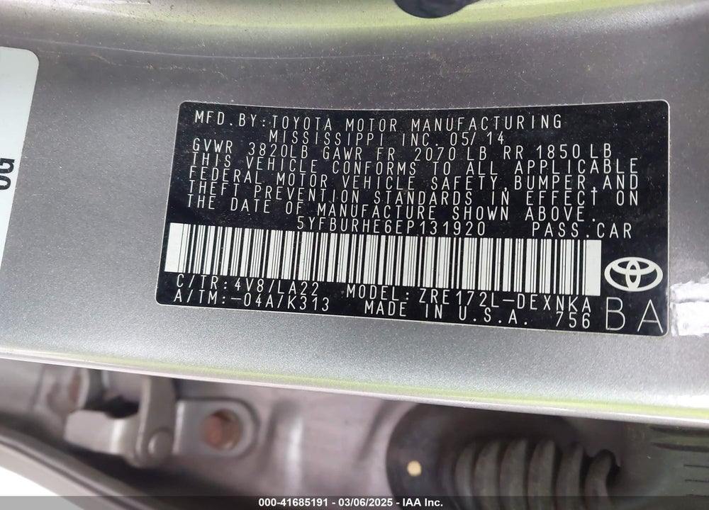 2014 TOYOTA COROLLA VIN: 5YFBURHE6EP131920