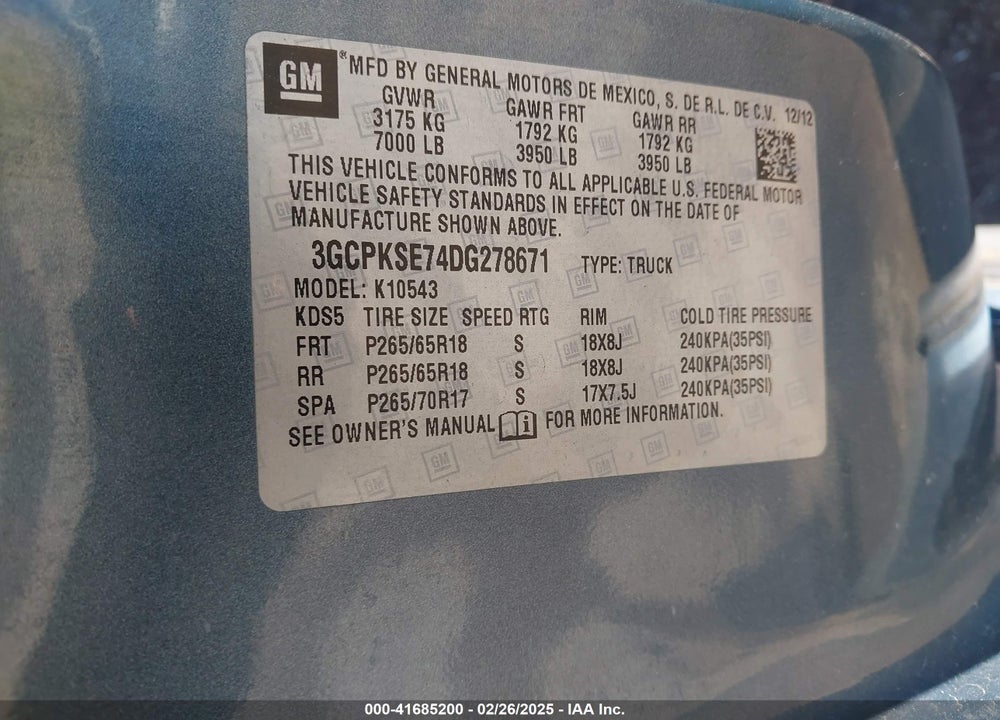 2013 CHEVROLET SILVERADO 1500 LT VIN: 3GCPKSE74DG278671