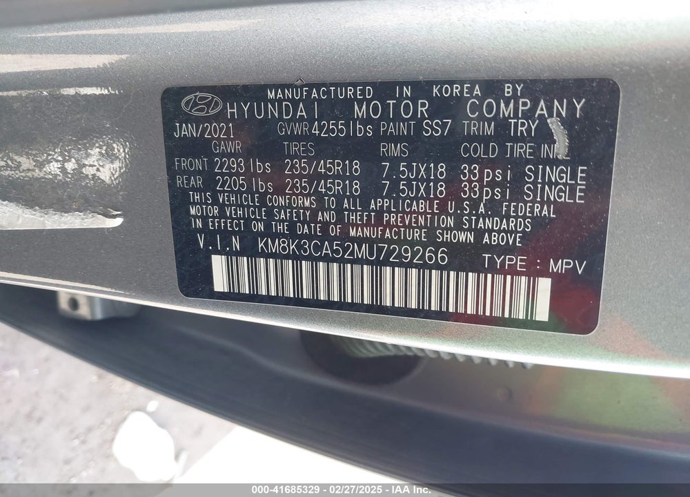 2021 HYUNDAI KONA VIN: KM8K3CA52MU729266