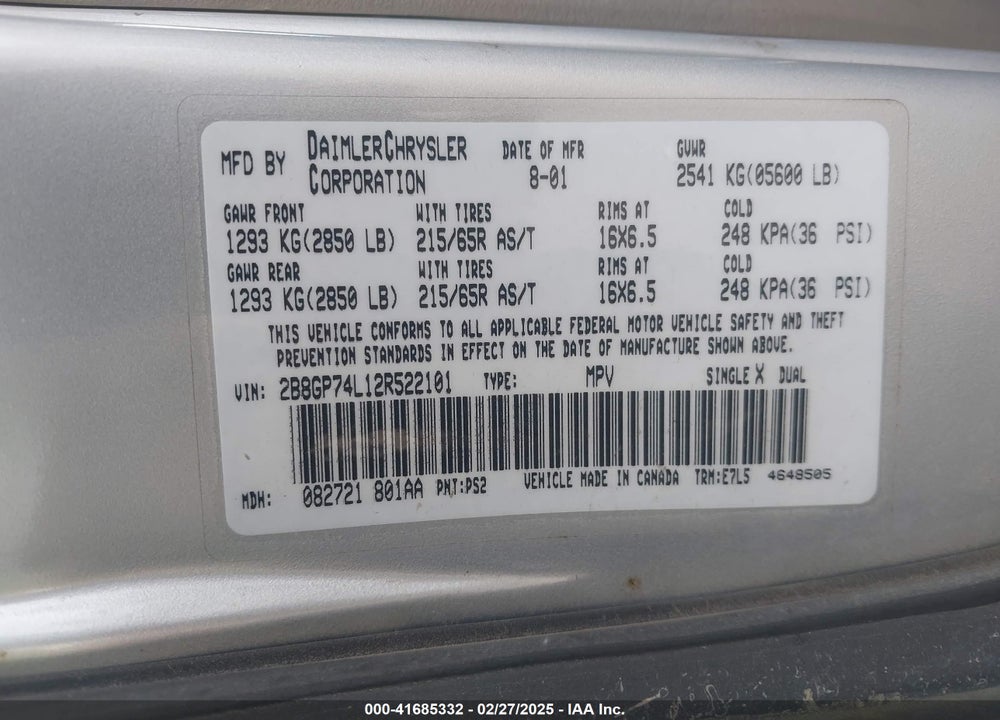 2002 DODGE GRAND CARAVAN EX VIN: 2B8GP74L12R522101