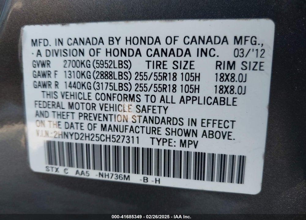 2012 ACURA MDX VIN: 2HNYD2H25CH527311