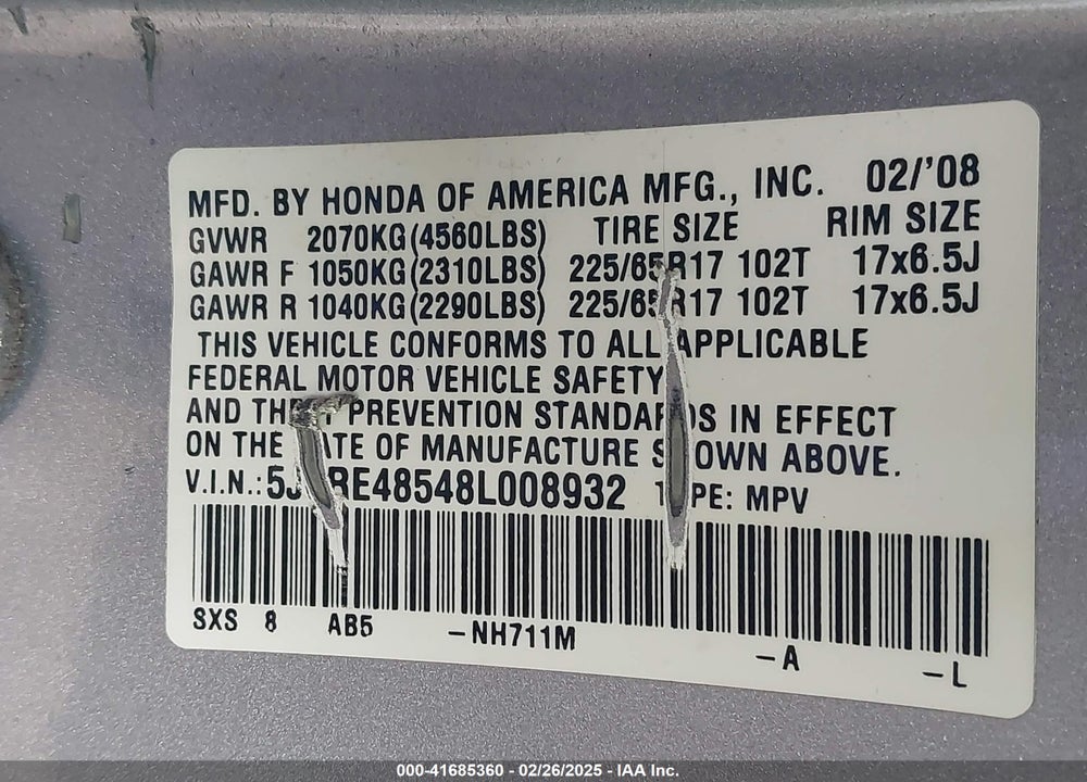 2008 HONDA CR-V EX VIN: 5J6RE48548L008932
