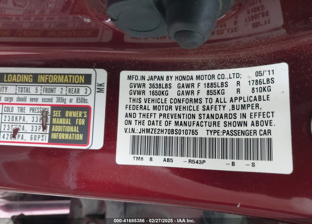 2011 HONDA INSIGHT EX VIN: JHMZE2H70BS010765
