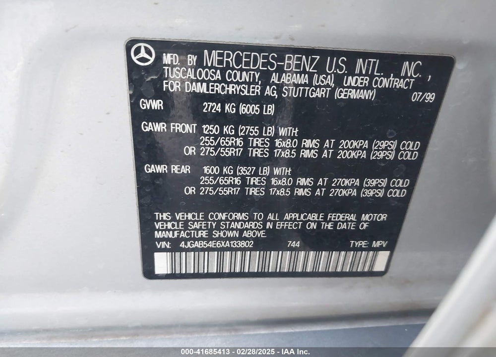 1999 MERCEDES-BENZ ML 320 VIN: 4JGAB54E6XA133802