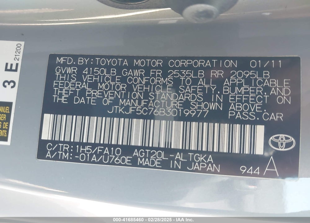 2011 SCION TC VIN: JTKJF5C76B3019977