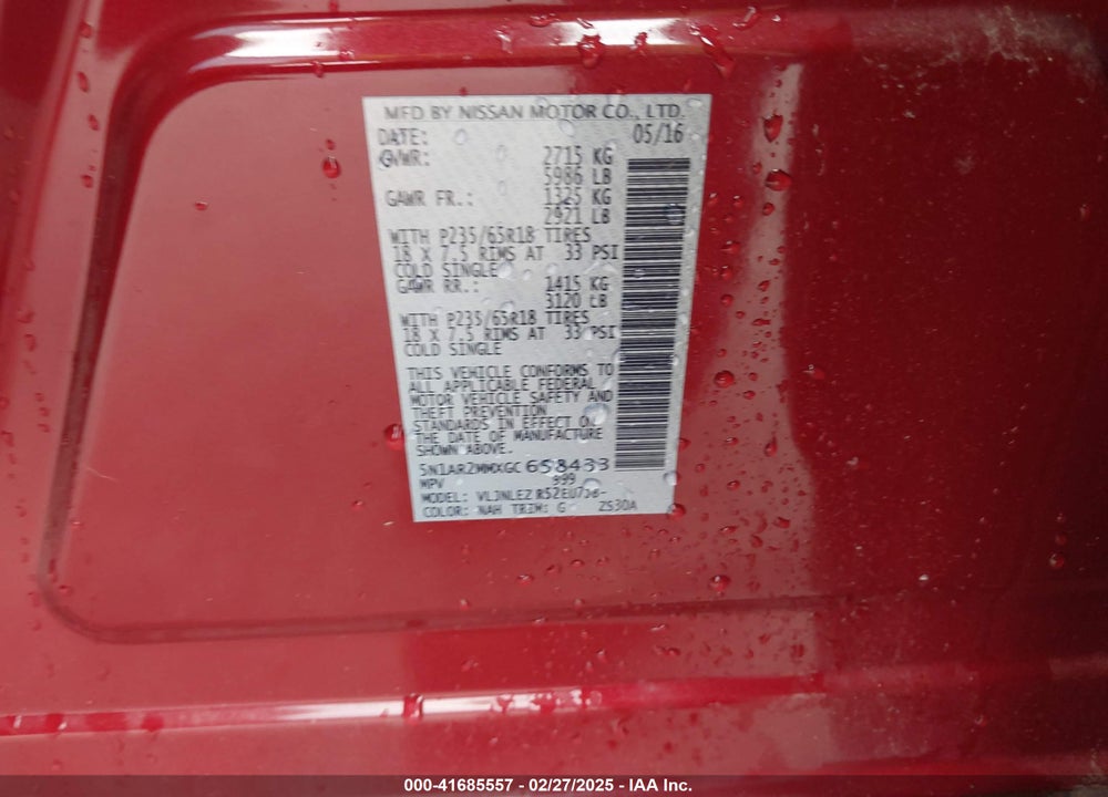2016 NISSAN PATHFINDER SV VIN: 5N1AR2MMXGC658433