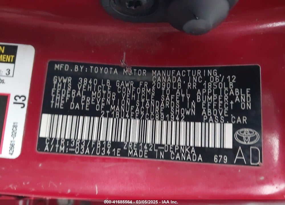 2012 TOYOTA COROLLA VIN: 2T1BU4EE7CC891942