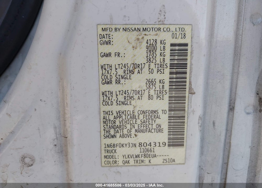 2018 NISSAN NV CARGO NV2500 HD VIN: 1N6BF0KY3JN804319