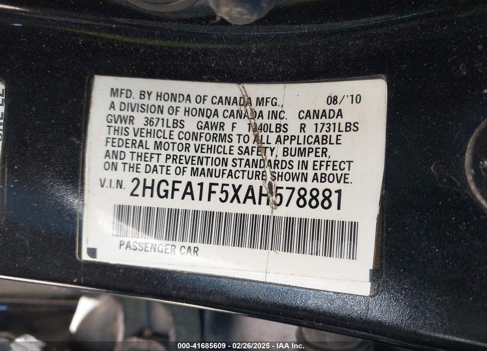 2010 HONDA CIVIC LX VIN: 2HGFA1F5XAH578881