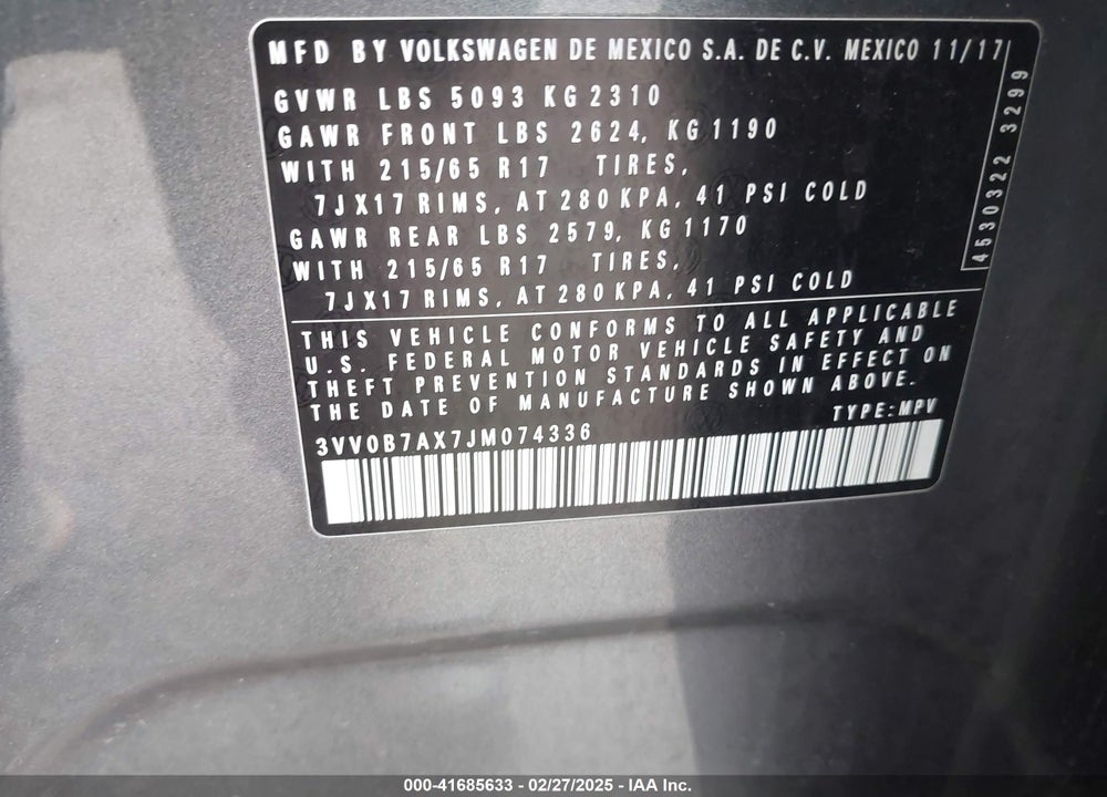 2018 VOLKSWAGEN TIGUAN VIN: 3VV0B7AX7JM074336