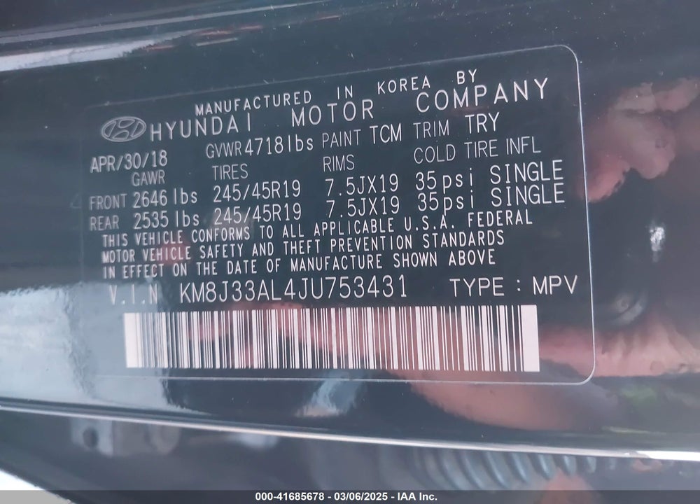 2018 HYUNDAI TUCSON VIN: KM8J33AL4JU753431