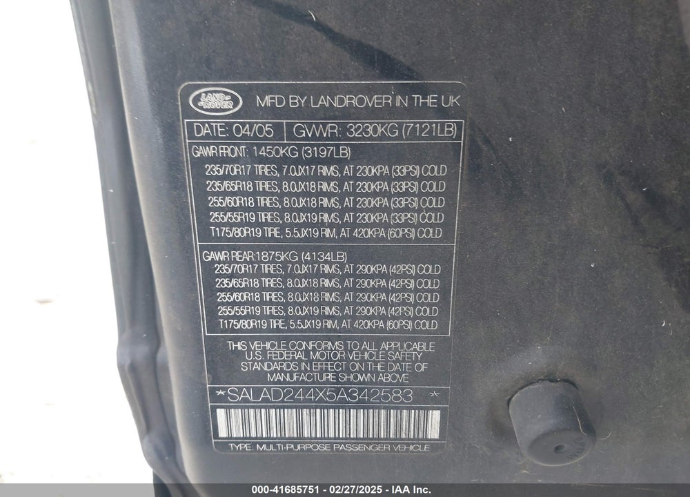 2005 LAND ROVER LR3 VIN: SALAD244X5A342583