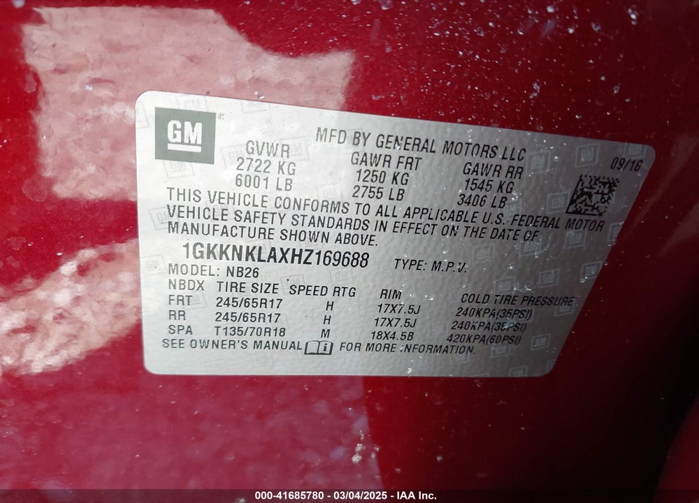 2017 GMC ACADIA VIN: 1GKKNKLAXHZ169688