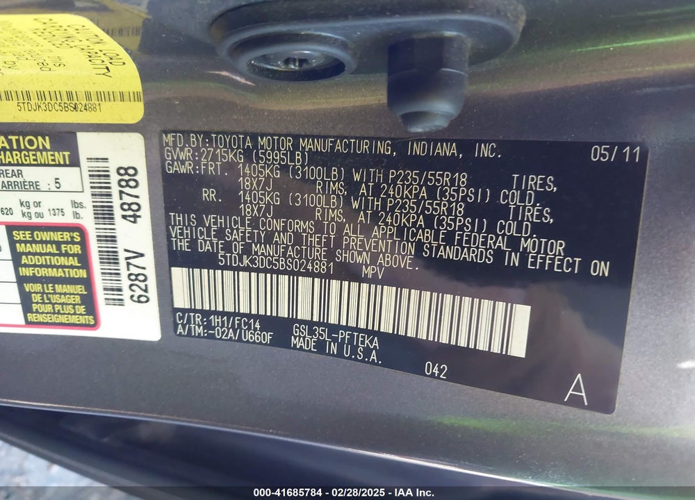 2011 TOYOTA SIENNA VIN: 5TDJK3DC5BS024881