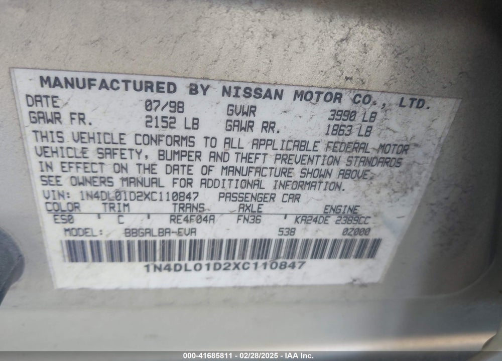 1999 NISSAN ALTIMA VIN: 1N4DL01D2XC110847