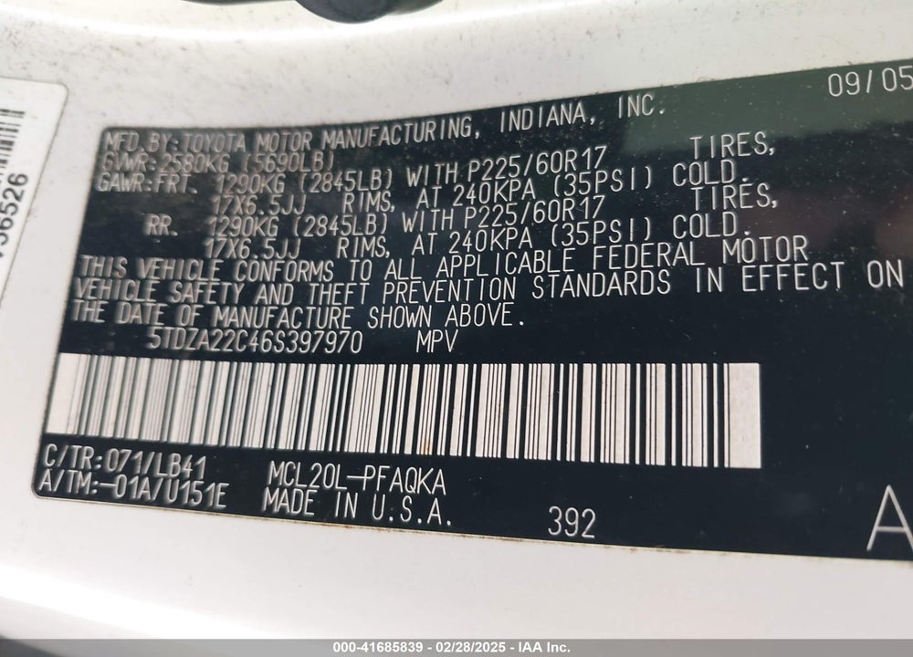 2006 TOYOTA SIENNA VIN: 5TDZA22C46S397970