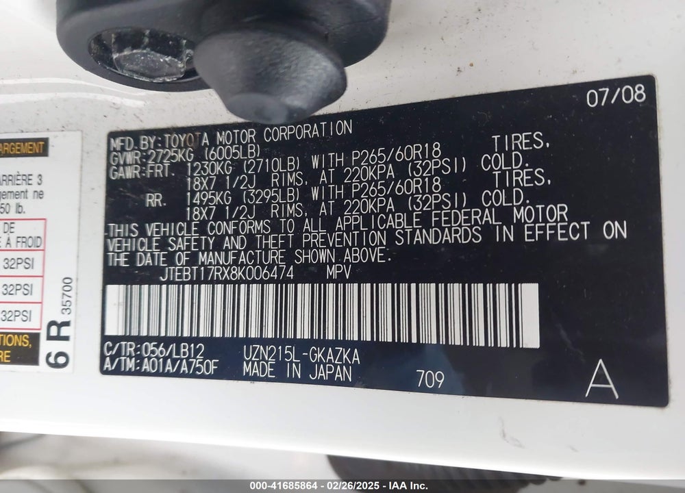 2008 TOYOTA 4RUNNER LIMITED V8 VIN: JTEBT17RX8K006474