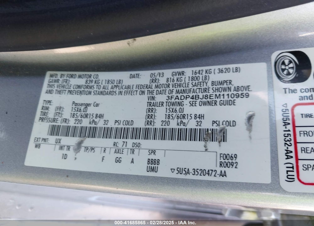 2014 FORD FIESTA SE VIN: 3FADP4BJ8EM110959
