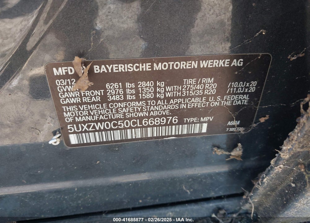 2012 BMW X5 XDRIVE35D VIN: 5UXZW0C50CL668976
