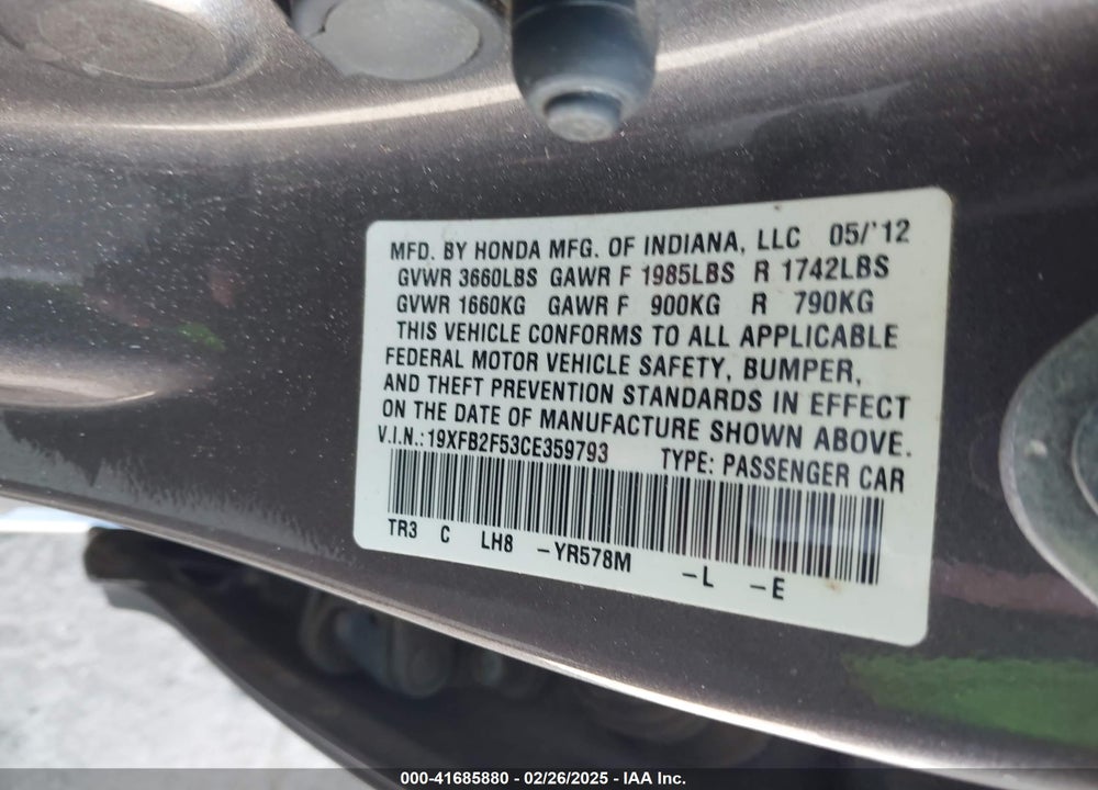 2012 HONDA CIVIC VIN: 19XFB2F53CE359793