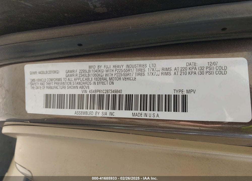 2008 SUBARU OUTBACK 2.5I/2.5I L.L. BEAN EDITION VIN: 4S4BP61C287349840