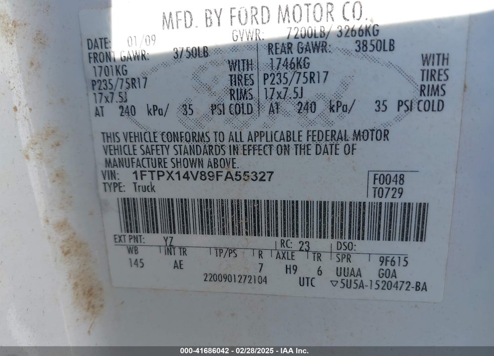 2009 FORD F-150 VIN: 1FTPX14V89FA55327