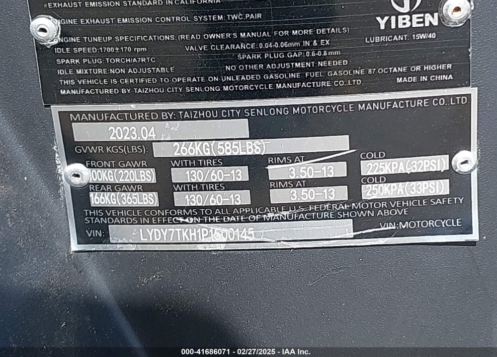 2023 YIBEN 7 SERIES VIN: LYDY7TKH1P1500145
