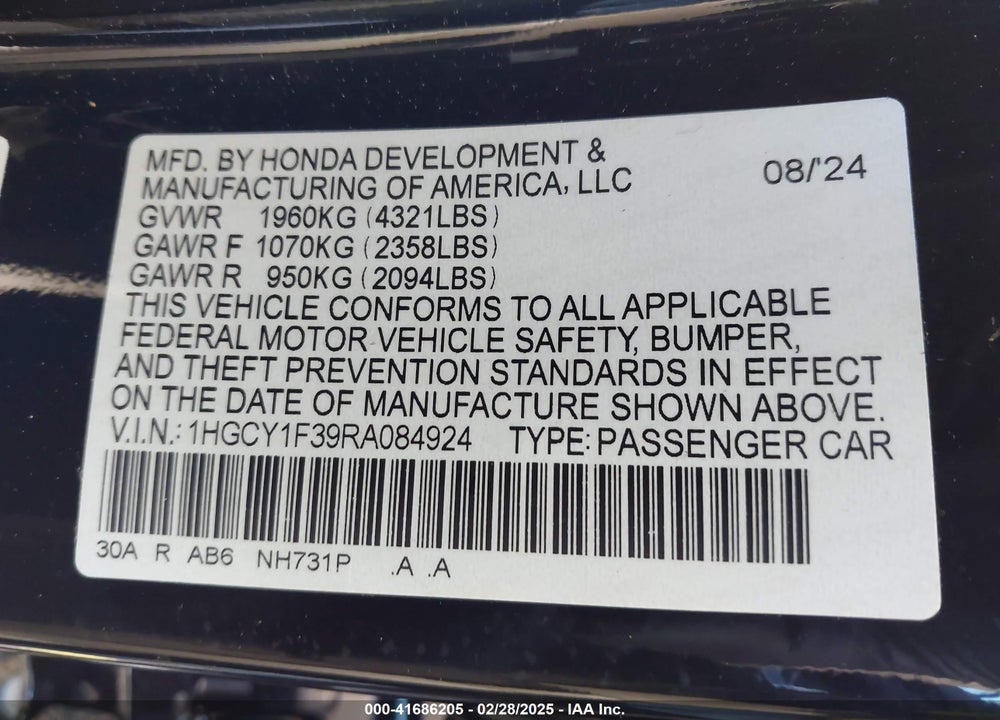 2024 HONDA ACCORD EX VIN: 1HGCY1F39RA084924