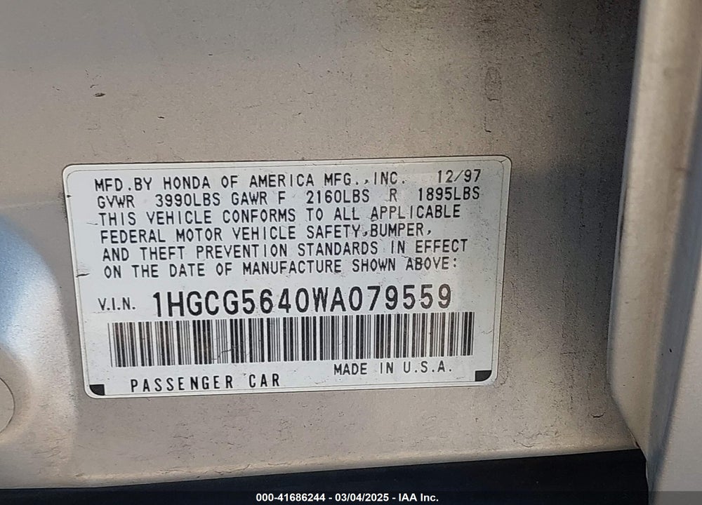 1998 HONDA ACCORD VIN: 1HGCG5640WA079559