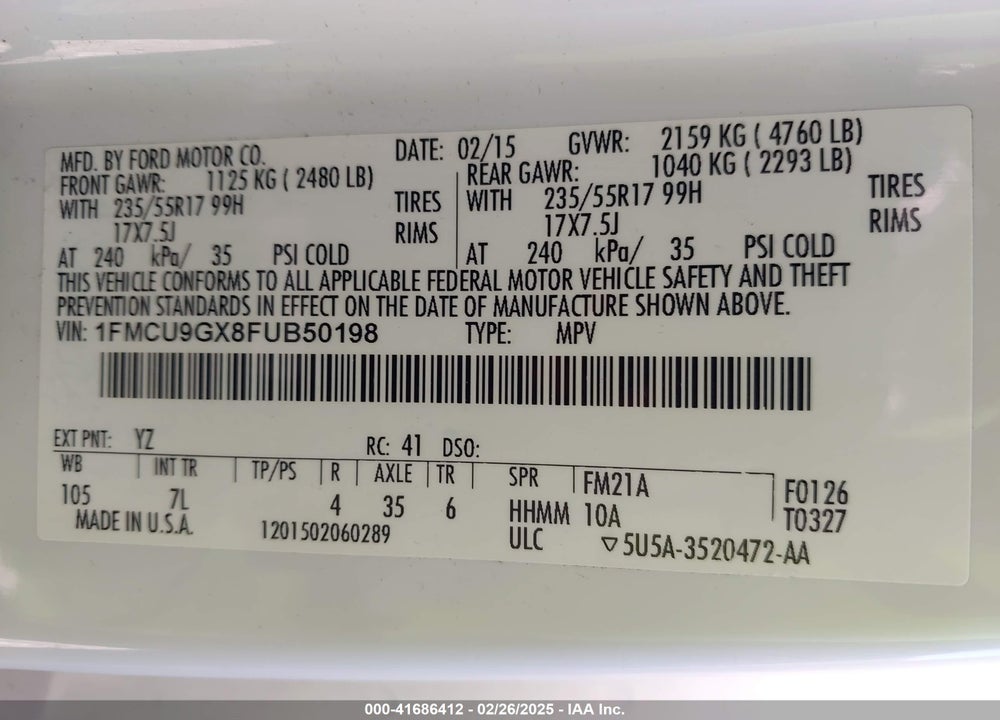 2015 FORD ESCAPE SE VIN: 1FMCU9GX8FUB50198