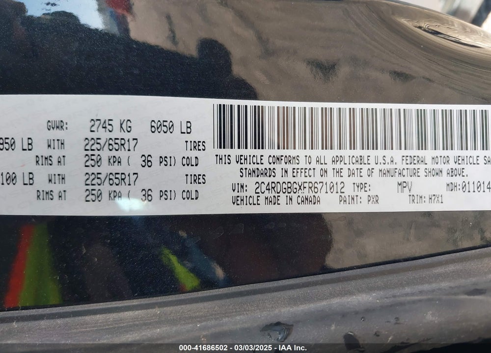 2015 DODGE GRAND CARAVAN VIN: 2C4RDGBGXFR671012
