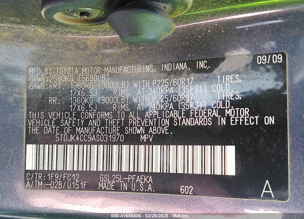 2010 TOYOTA SIENNA LE VIN: 5TDJK4CC9AS031970