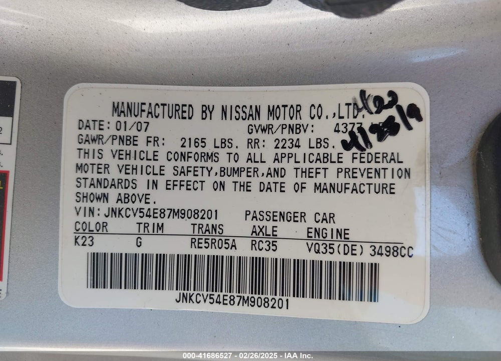 2007 INFINITI G35 VIN: JNKCV54E87M908201
