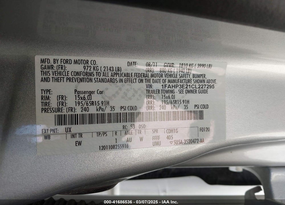2012 FORD FOCUS VIN: 1FAHP3E21CL227295