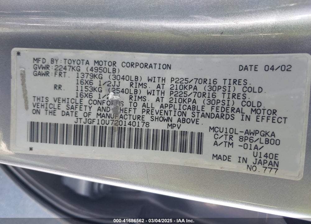 2002 LEXUS RX 300 VIN: JTJGF10U720140178
