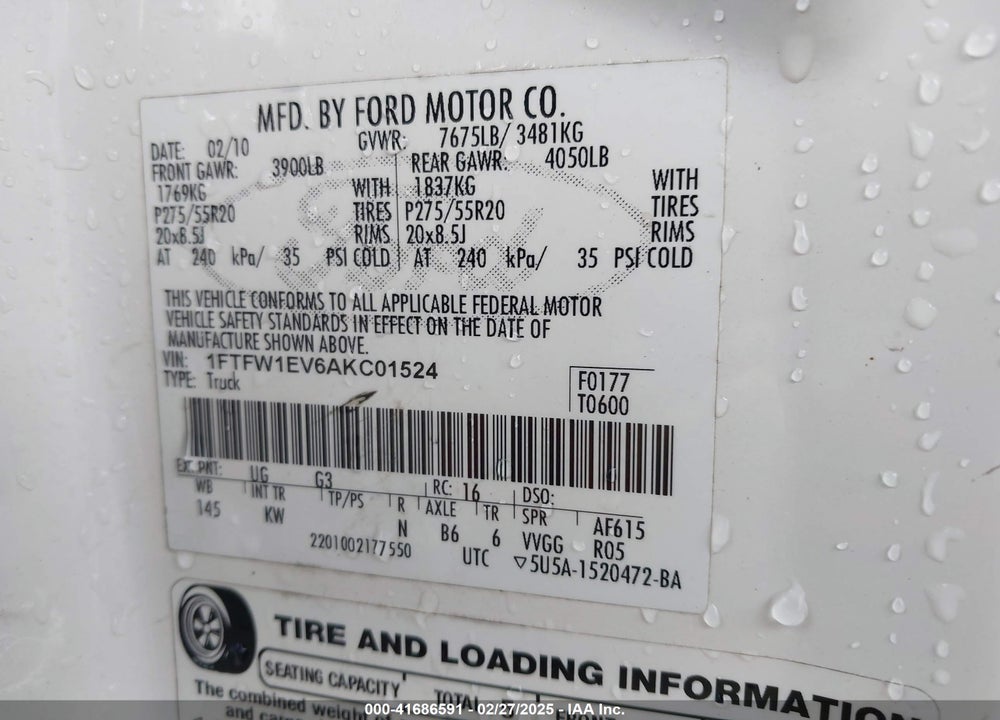 2010 FORD F-150 VIN: 1FTFW1EV6AKC01524