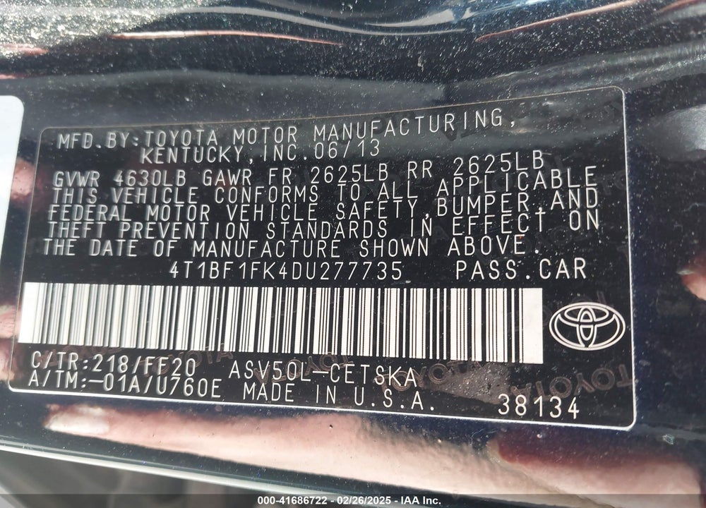 2013 TOYOTA CAMRY VIN: 4T1BF1FK4DU277735