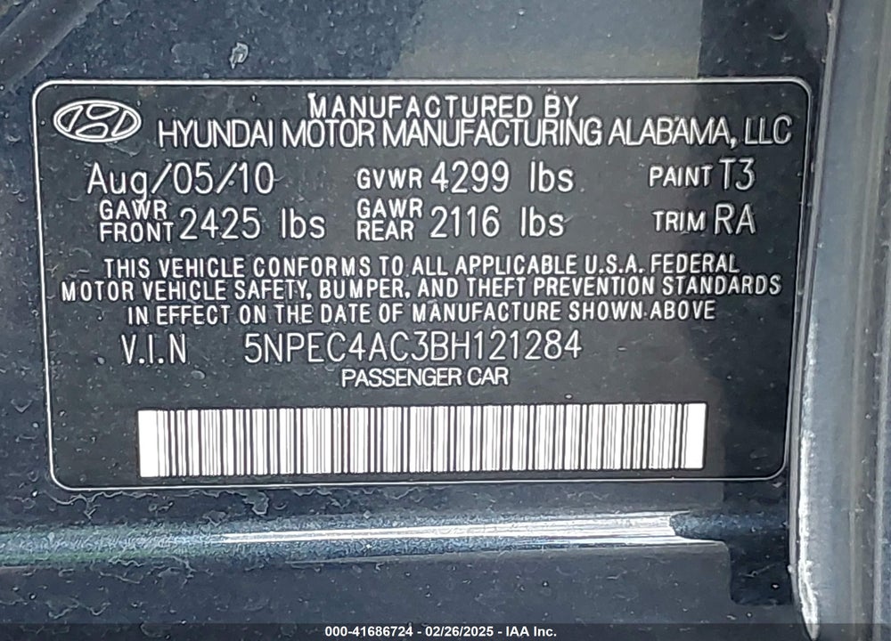 2011 HYUNDAI SONATA LIMITED VIN: 5NPEC4AC3BH121284