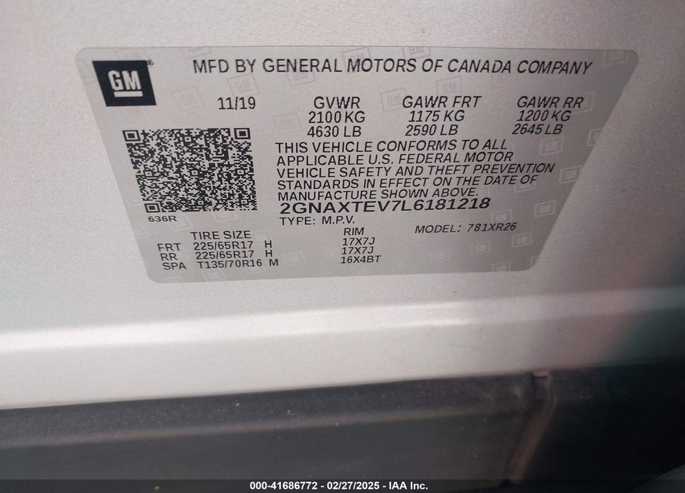 2020 CHEVROLET EQUINOX AWD 2FL VIN: 2GNAXTEV7L6181218