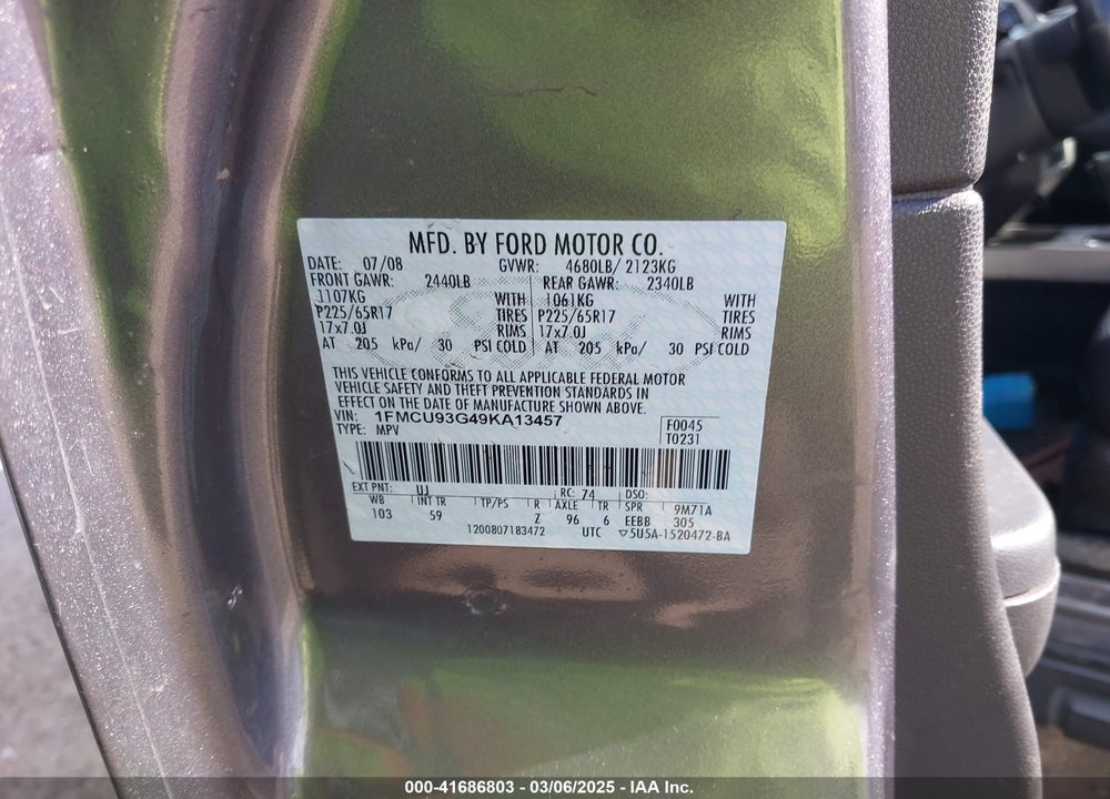 2009 FORD ESCAPE VIN: 1FMCU93G49KA13457