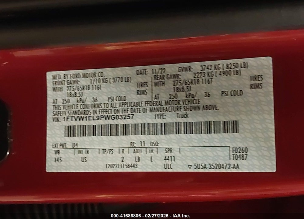 2023 FORD F-150 LIGHTNING XLT VIN: 1FTVW1EL9PWG03257