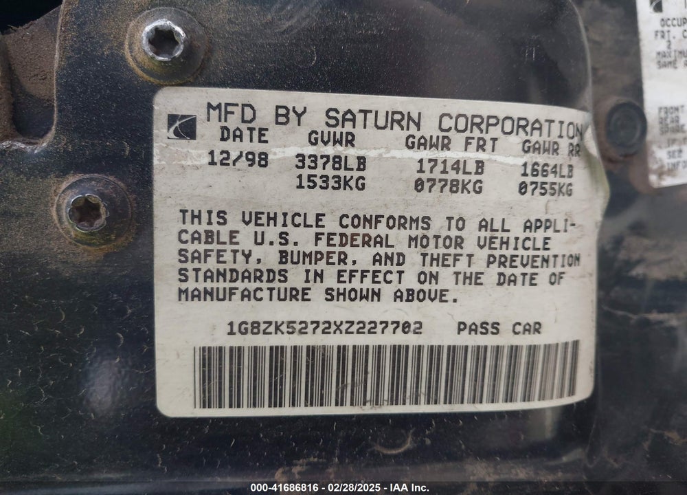 1997 SATURN SL SL2 VIN: 1G8ZK5275VZ254745