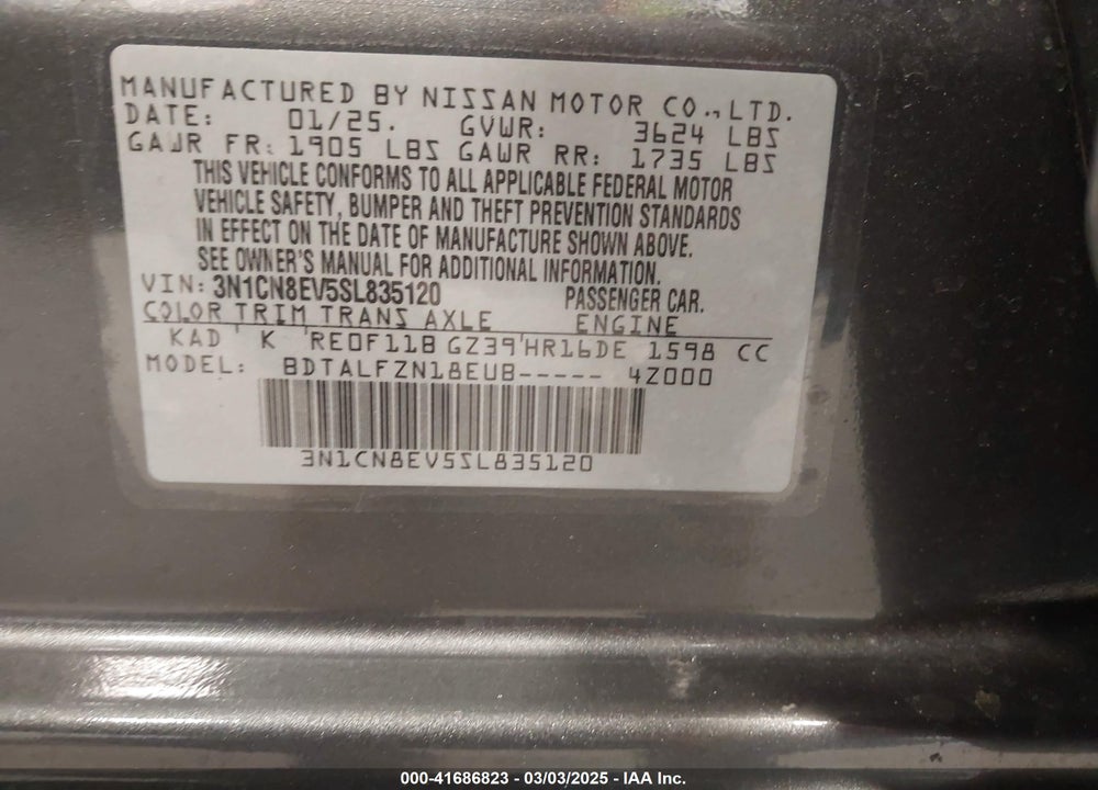 2025 NISSAN VERSA VIN: 3N1CN8EV5SL835120